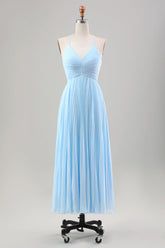 Himmelblaues A-Linie Plissee Chiffon Hochzeitsgastkleid